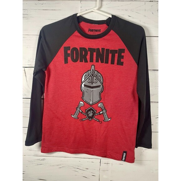 Fortnite Knight Helmet Graphic Long Sleeve Shirt Red Black Youth Size 10/12 - Picture 1 of 4